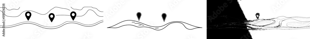 Poster a modern illustration of map location pointers, using a continuous single line to represent a map pi