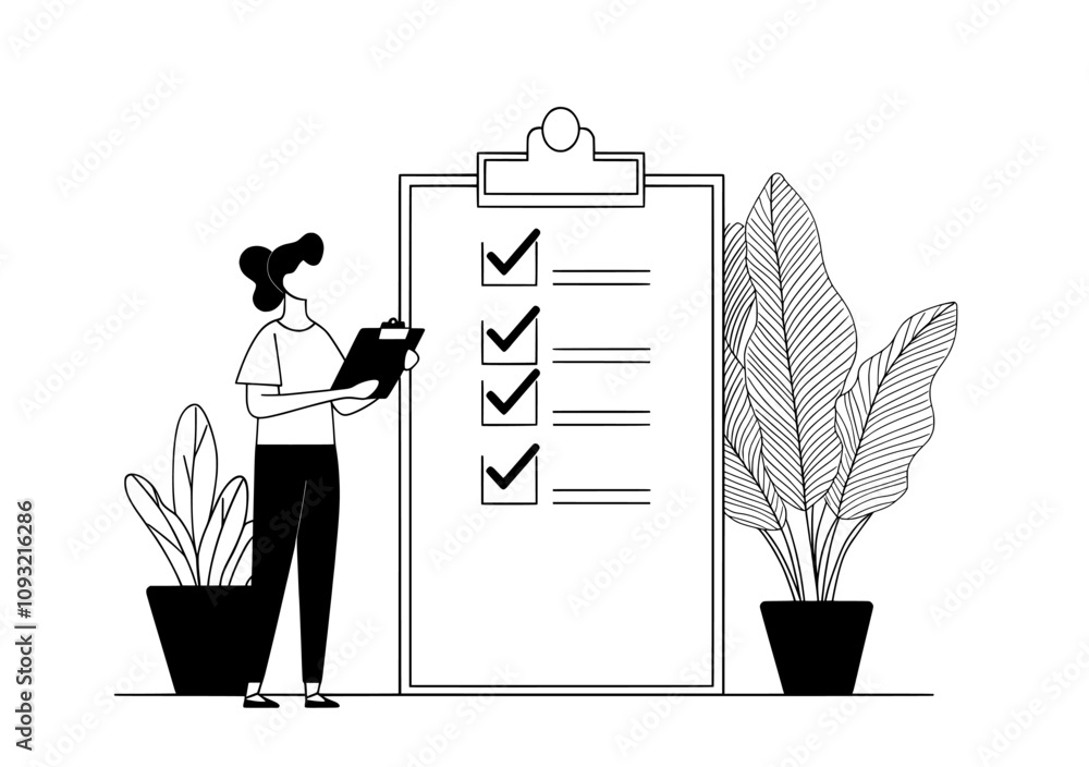 Poster a single continuous line drawing of a clipboard with a checklist. contemporary and minimalist illust