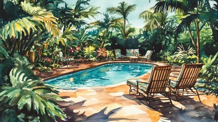 Fototapeta premium Tranquil Tropical Backyard Oasis - Watercolor illustration of a serene tropical backyard oasis featuring a sparkling pool, lush foliage, and relaxing lounge chairs. Evokes peace, luxury, escape, rela