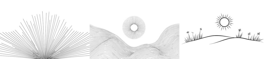 Continuous line drawing of the sun. Single-line sketch of a sunny summer journey concept. Icon symbolizing hot, bright weather and happy holiday vacation, contemporary illustration.