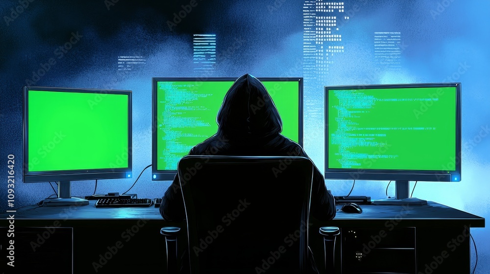 Poster In secret hideout, spy used green screen PC to hack valuable data, getting attacks rejected by security. Hacker using mockup monitor, seeing access denied error message, camera B.