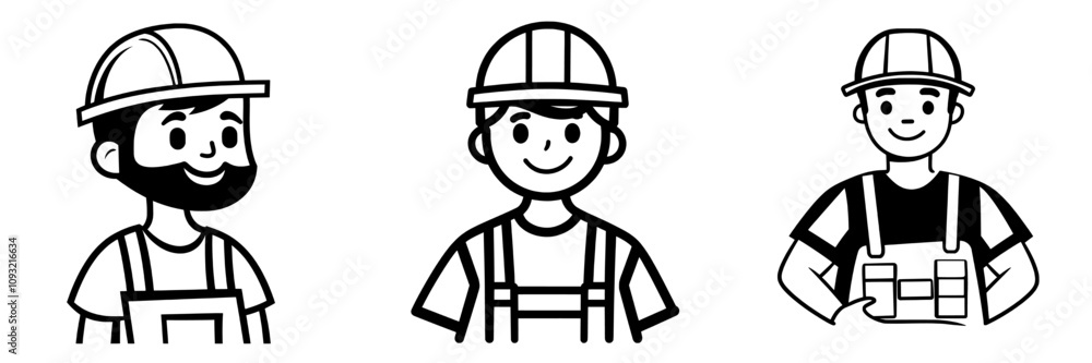 Poster a construction worker depicted as a builder linear icon. thin line illustration with a modern contou