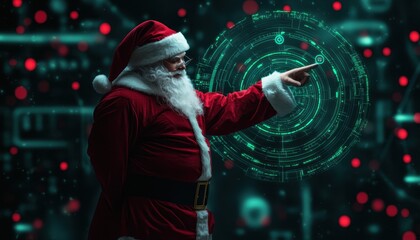 Santa Claus using a holographic map to navigate, surrounded by green data points and red glowing indicators, Sci-fi, Digital art, Hologram style
