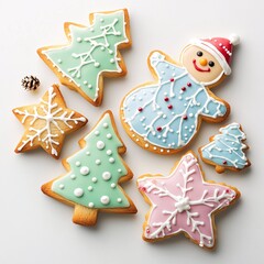 Obraz premium Christmas Cookies Shaped Like Stars, Trees, and Snowmen on White background