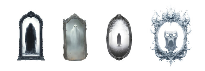 Eerie collection of ghostly figures reflected in ornate mirrors.