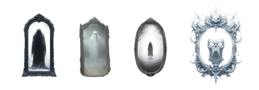 Eerie collection of ghostly figures reflected in ornate mirrors.