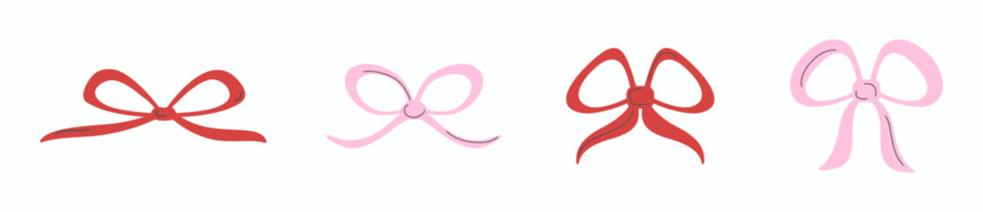 Vector collection of cute pink and red bows isolated on light background. Holiday decorations for invitations, gift cards, festive designs, etc.