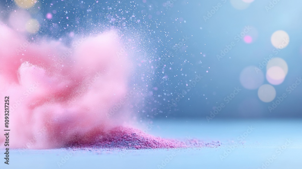 Poster vibrant pink powder explodes against a soft focus background creating a dreamy and ethereal atmosphe
