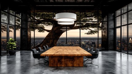 A modern conference room with large windows showcasing a city skyline and a majestic tree. The wooden table and sleek chairs create a sophisticated atmosphere.