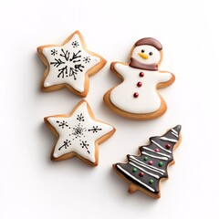 Christmas Cookies Shaped Like Stars, Trees, and Snowmen on White background