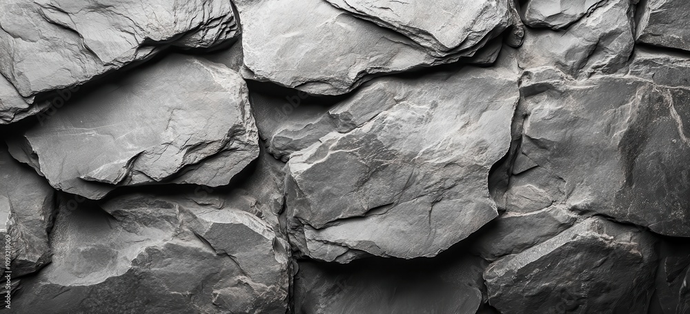 Poster a close-up view of textured grey slate stone wall, perfect for backgrounds, architecture, design pro