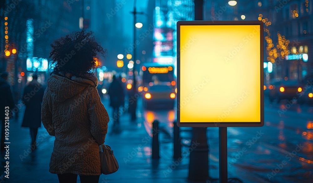 Aufkleber the image shows a blank advertisement light box on a bus stop, an empty billboard at a night bus sta