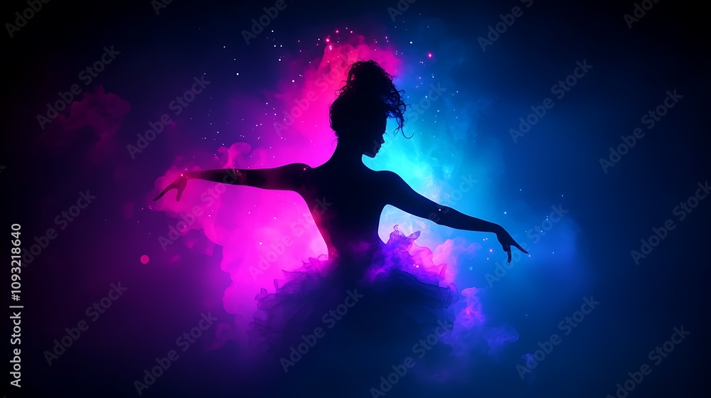 Poster captivating and vibrant portrait of a dancer in mid-performance surrounded by colorful splashes of p