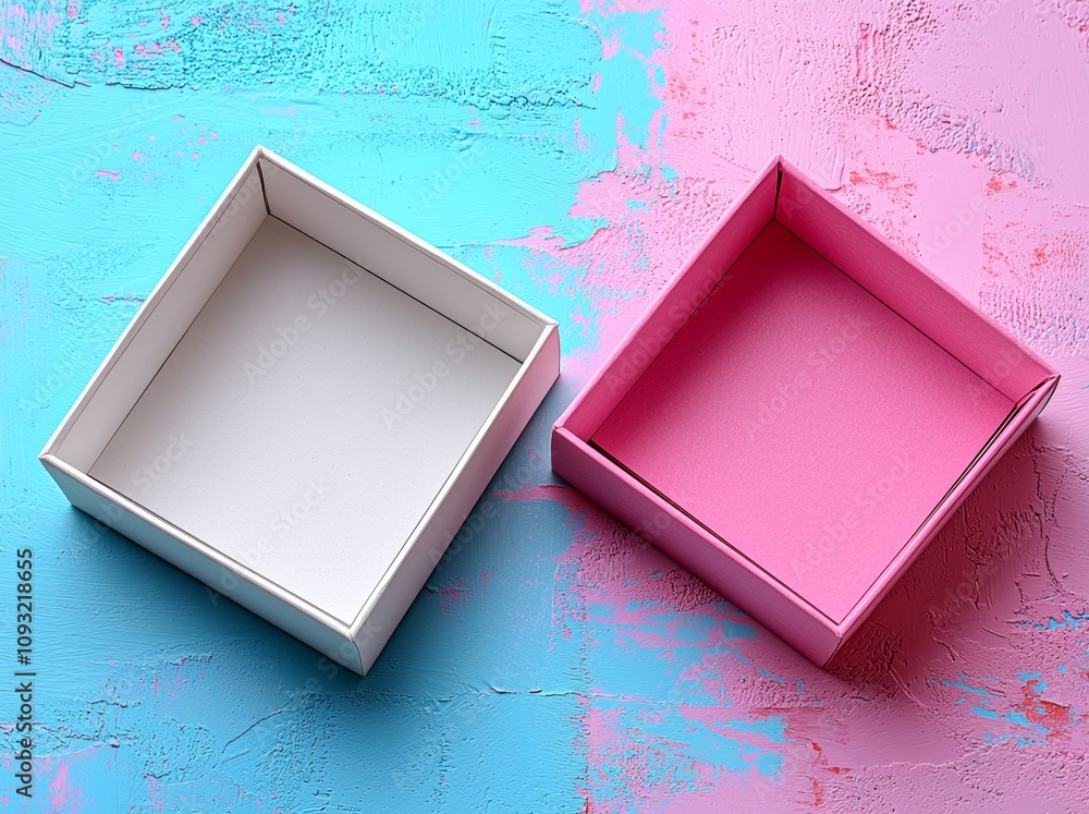 Poster a blue-pink branding mockup with two boxes. an animated 3d render of the design