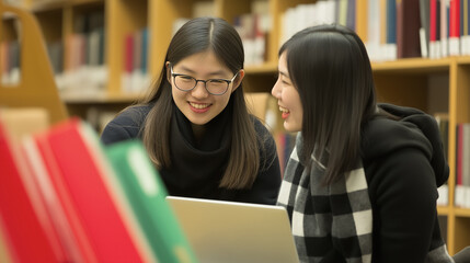 Two young women smiling and working on a laptop in a cozy library setting, surrounded by books and shelves.