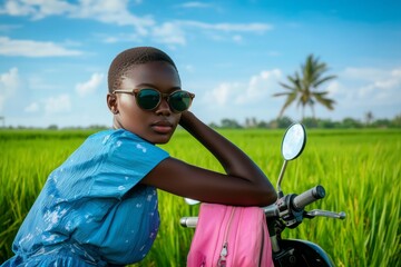 Fototapeta premium The picture shows a beautiful and happy young black woman who is on vacation