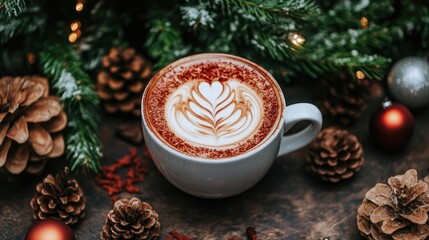 A warm cup of coffee placed on a table with a background of a decorated Christmas tree, surrounded by holiday-themed decor.