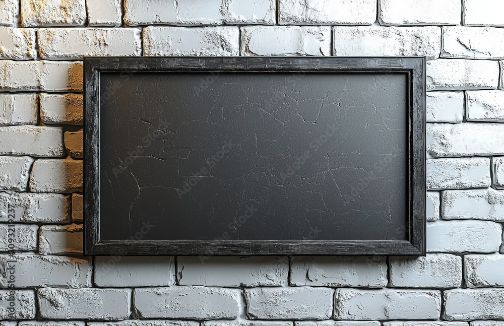 Poster white brick wall with blank black frame template for placing image or text.