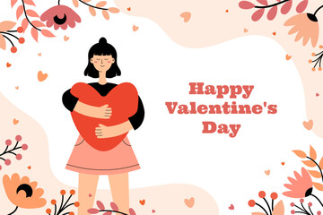 Happy Valentine's Day. Girl, woman hugging heart. Greeting card, poster, banner. Vector illustration