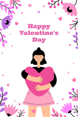 Happy Valentine's Day. Girl, woman hugging heart. Greeting card, poster, banner. Vector illustration