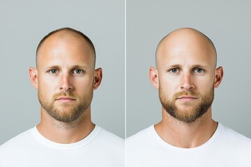 In this back view, a man before and after a hair transplant is seen on the background.