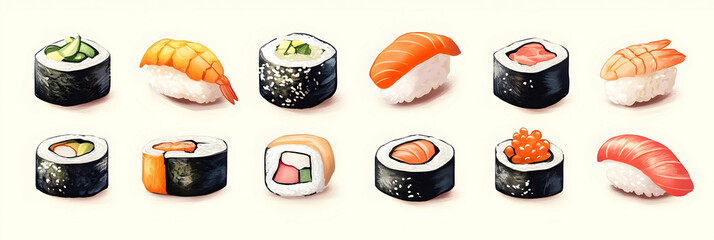 Illustration of Assorted Sushi Rolls and Nigiri