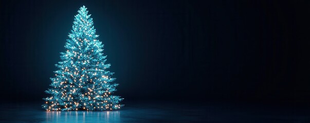 A giant Christmas tree glowing with holographic lights, large night sky space for text, cool blue tones, Futuristic, Digital artcloses up