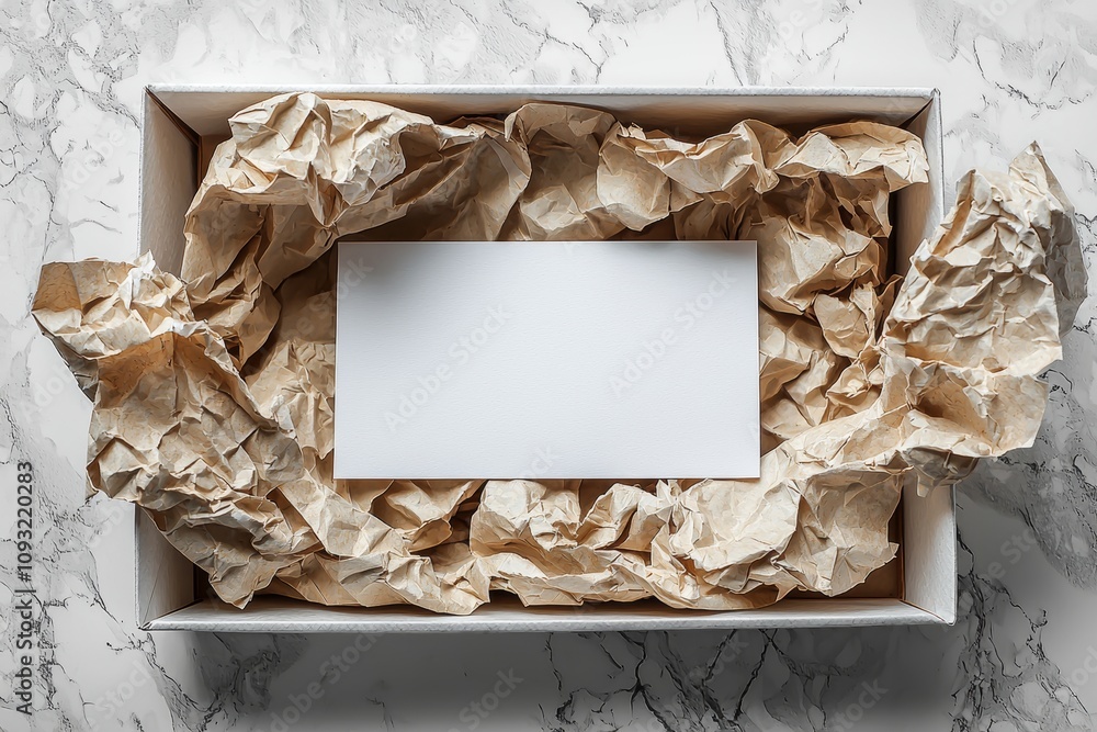 Aufkleber an open and closed white realistic cardboard box with brown paper and a business card on a light bac