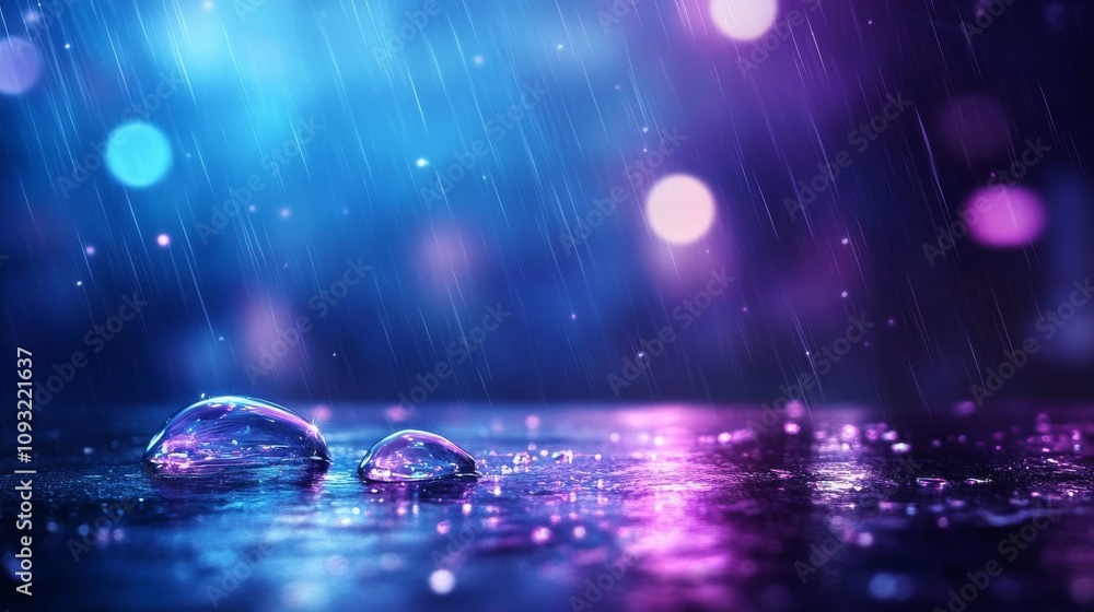 Poster colorful raindrops on smooth surface with soft lights in background creating a dreamy, ethereal atmo