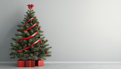Christmas tree with red ribbons and green pinecones, minimalist holiday decor, 3D illustration