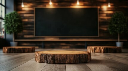 Rustic wooden display with three tree slices on a wooden floor in front of a dark chalkboard and wooden wall.