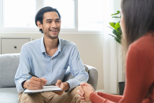 mental health care therapy concept, psychologist counseling to anxiety patient and giving guidance mental therapy care to cure mental health.