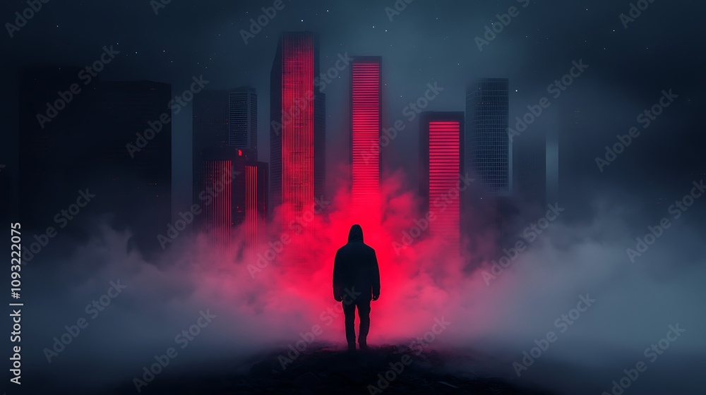 Aufkleber abstract city skyline at dusk with intriguing red lighting and mystical fog creating a mysterious at