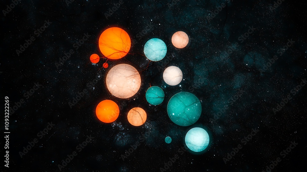 Poster abstract composition of leafy branches intertwined in a dark background with colorful circular eleme