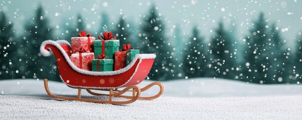 Santa's sleigh with red and green presents, snow-covered landscape, 3D illustration