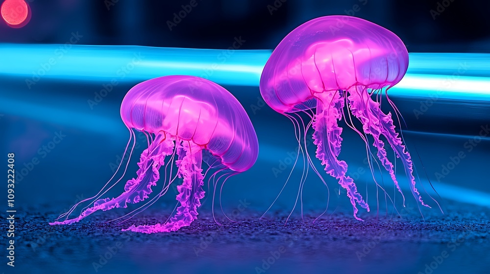 Poster an abstract interpretation of two vibrant jellyfish in a city setting with colorful lights creating 