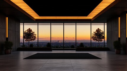 Obraz premium Serene sunset view from a modern home's expansive window. The warm hues of the sky contrast beautifully with the building's dark interior.