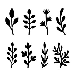 Silhouettes of twigs. Vector autumn or spring illustrations. Isolated on white background. Flat style. Simple plant outlines for paper or laser cutting and printing on any surface.