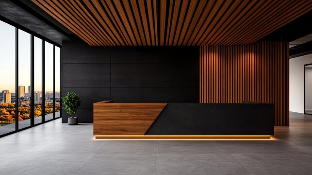 Modern office reception area with a sleek, contemporary design.  The dark wood and black accents create a sophisticated atmosphere, complemented by the large windows offering a stunning city view.
