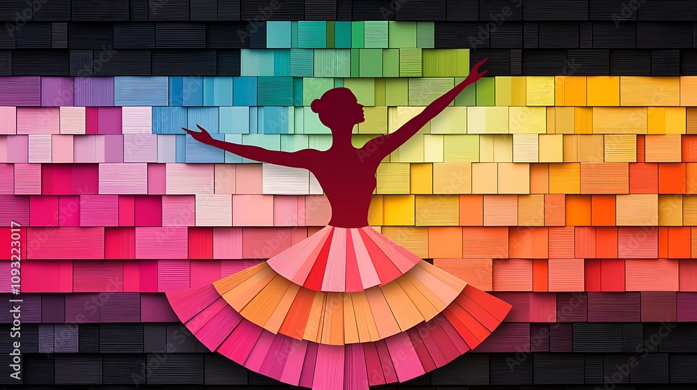 Poster abstract and colorful representation of a dancer in motion against a vibrant geometric background fe