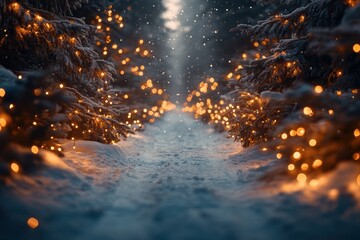 Naklejka premium Enchanting Winter Landscape with Snow-Covered Pathway Illuminated by Twinkling Lights Among Evergreen Trees in a Snowy Forest Scene
