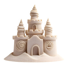 A detailed sandcastle featuring multiple towers, decorative swirls, and a central entrance, showcasing intricate sandy architecture.
