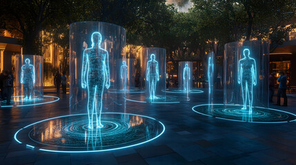 Futuristic holographic human figures, Glowing holograms in a park, Sci-fi digital art display, Neon human silhouettes