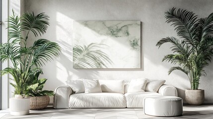modern living room featuring white sofa, large palm plants, and marble wall art piece. natural light creates serene atmosphere, enhancing greenery and decor