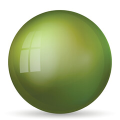 Glass green ball or precious pearl. Glossy realistic ball, 3D abstract vector illustration highlighted on a white background. Big metal bubble with shadow.