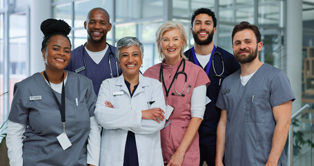 Portrait, diversity and doctors in hospital, teamwork and confidence with happiness. Employees,...
