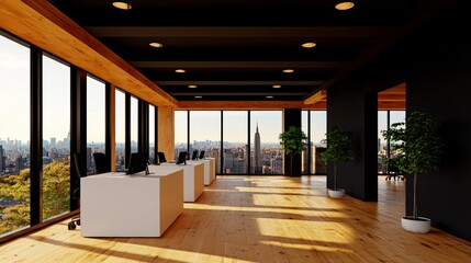 Modern office with a stunning city view. Sunlight streams through large windows illuminating the minimalist workspace. 