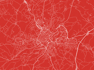 Christmas Map of Plauen, Germany in Snowy White on Festive Red Background.