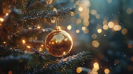 Fototapeta premium Golden decoration globe on Christmas tree, close-up