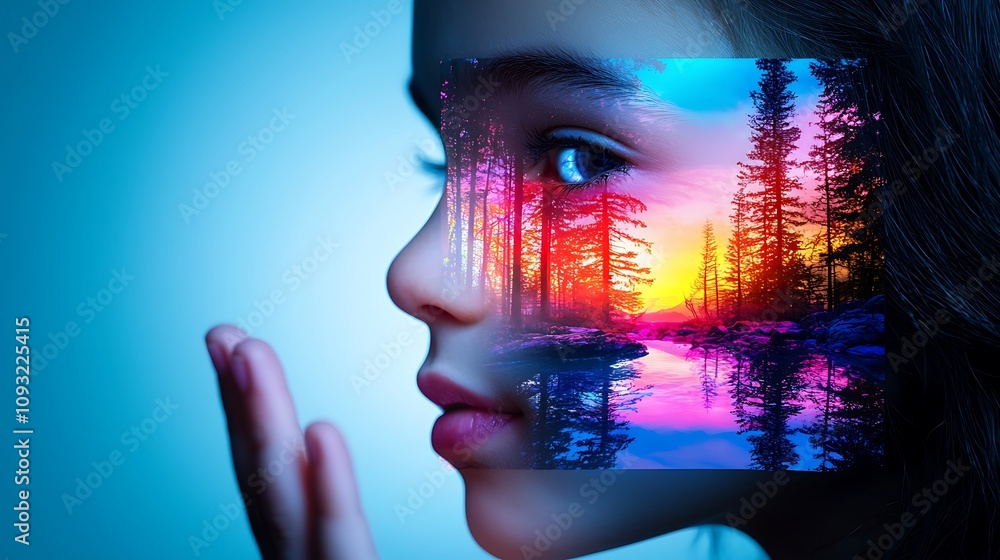 Poster Artistic Double Exposure of a Child Reaching Out Against a Colorful Scenic Background with Trees and Water Reflections in a Dreamy Setting